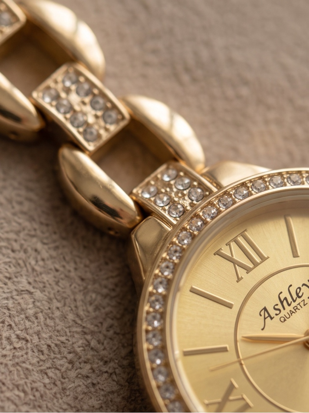 Ashley Princess Gold-Tone Quartz Watch with Rhinestone Accents NEW